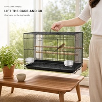 Cage à oiseaux moyenne en métal noir avec perchoir en bois, mangeoires et plateau de base amovible pour perruches, canaris et parakeets