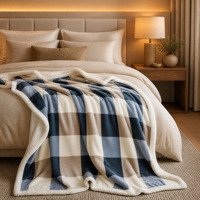 Plaid de luxe réversible en flanelle à carreaux bleu marine et sherpa, double couche, épais, imprimé, chaud, couverture de lit d'hiver haut de gamme