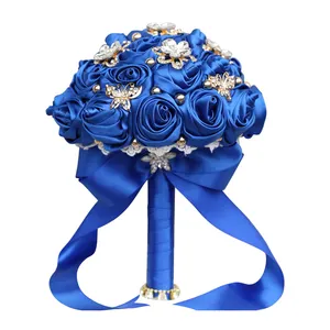 Cheap 21cm Champagne White Blue Silk Ribbon Bridal Bouquets for Brides Bridesmaids Rhinestone Artificial Flowers for Weddings