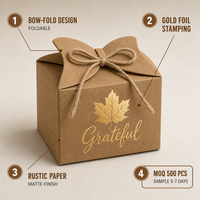 Boîtes Cadeaux Personnalisées pour Thanksgiving, Lot de 12, Thème Récolte d'Automne, Boîte en Carton Kraft avec Nœud et Feuille d'Or Cuivré, Vente en Gros OEM ODM