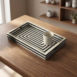 Modern Black Spiral Pattern Bone Inlay Wooden Tray Ivory Accents Tabletop Platter Elegant Home Kitchen Dining Serving Decor Dish - Product Image 1