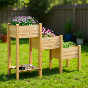 Bac à légumes surélevé en bois naturel à 3 niveaux avec étagère de rangement pour usage domestique et jardinage - Product Image 2