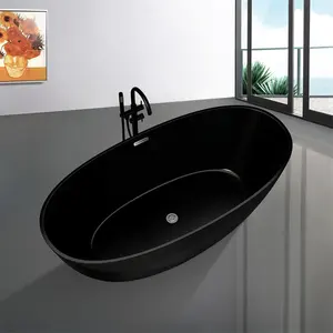 Modern Matt Black Bath Tub Soaking Oval Acrylic Freestanding Bathtub with Waste