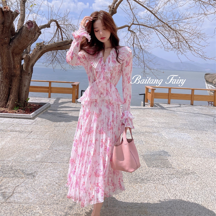 white christmas dresses Korean Style] Off-white Blue Flowy Chiffon Short Dress – Ordicle main image 0