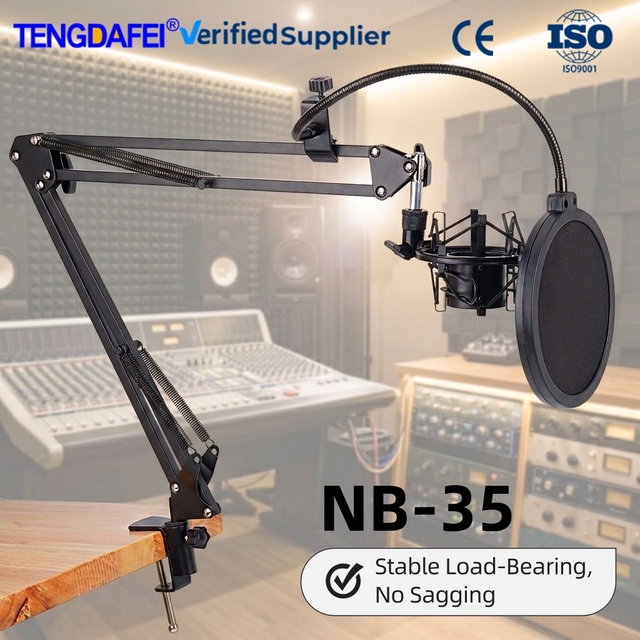 NB-35 Universal Microphone Boom Arm Stand Adjustable Scissor Arm with Pop Filter Shock Mount for Studio Recording Streaming