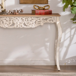 French Country Carved <b>Console</b> <b>Table</b> Antique White Distressed Solid Wood MDF <b>Entry</b> <b>Table</b> Curved Legs 43.31 Inch - Product Image 4