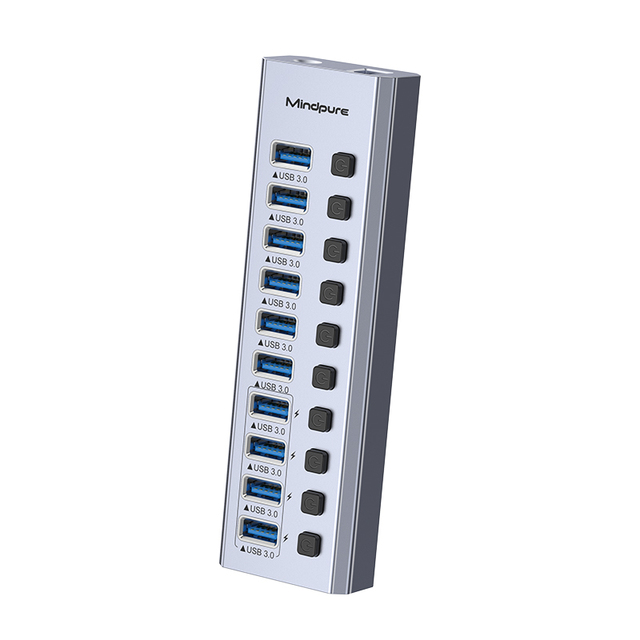 Mindpure Powered USB 3.0 Hub 7 10 Ports Aluminum Active Splitter with 12V Power Adapter Individual Switches Expander for MacBook