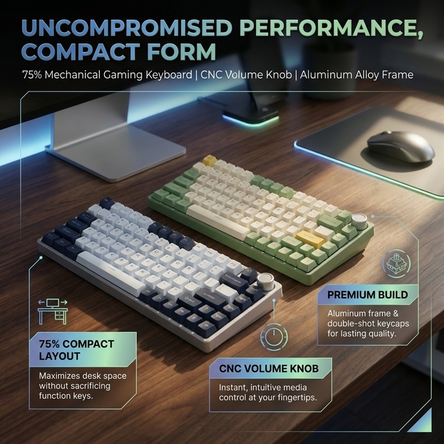 75% Mechanical Gaming Keyboard with CNC Volume Knob 81-Key Compact USB Wired Keyboard Aluminum Alloy Frame