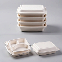 Boîte alimentaire jetable en pulpe de canne à sucre 9 pouces, 3 compartiments, avec couvercle en papier pour la restauration, les cafétérias et les buffets
