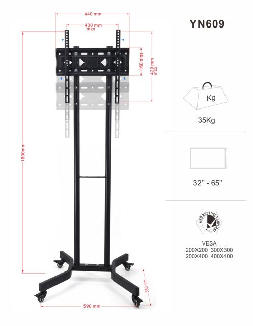 New Design Mobile TV Mount Height Adjustable 32-65" TV Carts TV Trolley Stand for Home Office Use