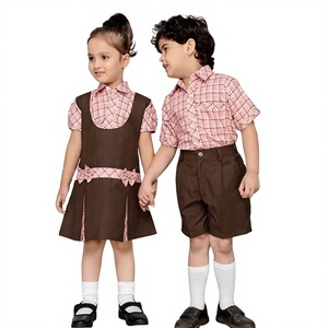 Cotton School Uniform Set for Kids Boys Girls Primary Checkered Dress Shorts Pink Shirt <b>White</b> Socks - Product Image 4