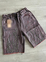 Shorts d'été pour hommes Difan Custom West Coast, style streetwear, taille mi-haute, coupe ample, avec effet usé, délavé à la barbe et orné de perles
