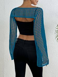 कारखाने का ओम गंध महिला बुना हुआ जाल लंबी आस्तीन की फसल गर्मियों में सबसे ऊपर है मछली के ब्लाउज को खोखला - Product Image 5