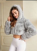 Veste en fausse fourrure grande taille pour femmes, veste courte à capuche en fausse fourrure