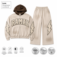 Ensemble de survêtement en molleton épais RAMAX avec broderie Lightning, capuche contrastante beige et marron, coupe oversize, vente en gros, usine OEM