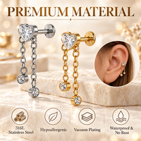 Boucle d'oreille céleste à triple chaîne en acier inoxydable 316L, clou plat pour femme, bijou d'oreille hélice étoile filante