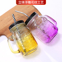 500ml Mason Jar Tasses avec Poignées, Bouteille en Verre Jus Boisson Bouteille d'Eau Claire Avec Couvercle Paille Drinkware Tasse