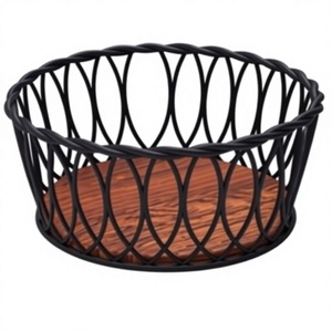 Panier de rangement rond en fil métallique noir avec base en bois, organisateur rustique pour fruits, pain et légumes, pour usage domestique - Product Image 1