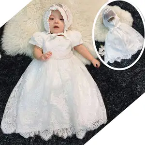 Latest Design Little Girl Baptism Dress Lace Material With Hat Short Sleeve Girl Baptism And Christen