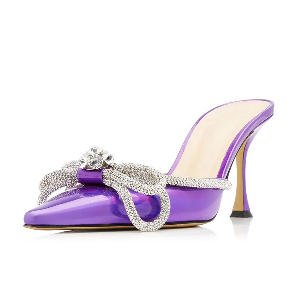 Mules Half Heel Shoes Diamond Trendy Crystal Luxury Stilettos Designer Women Rhinestone Bow High Heels For Ladies 2022