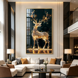 Factory Custom Golden Deer Acrylic Wall Art With Backlight Gold Frame Rectangle Home Decoration LED <b>Crystal</b> Porcelain Painting - Product Image 3