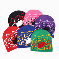 JAKIJAYI Logo personnalisé femmes hommes chaud hiver Y2K tricot tête de mort casquette acrylique revers Jacquard araignée bonnet chapeau