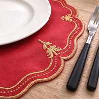 Set de table rond en lin rouge brodé avec bord festonné pour Noël, mariage, banquet, décoration de table