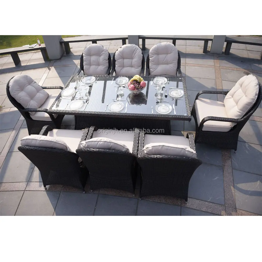 Moderne Tuin Hoge Rug 8 Seater Rotan Stoelen Set En Glas Top Tafel Restaurant Outdoor Eethoek