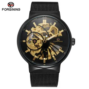 ساعة يد ميكانيكية أوتوماتيكية للرجال باللون الذهبي موديل 2024 من Forsining مع حزام شبكي للرجال