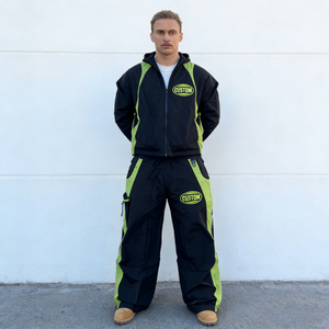 Tute da Uomo Trendy Nere e Verde Neon con Giacca con Cappuccio e Zip, <span class=keywords><strong>Pantaloni</strong></span> a Gamba Larga, Logo Personalizzato, Tasche Funzionali, Tute Oversize - Product Image 5