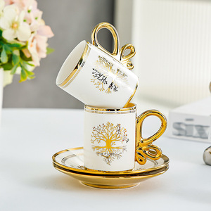 Ensemble de tasses à café Haiqi en céramique avec motif d'arbre doré, ensemble de 6 pièces pour le thé de l'après-midi, utilisation domestique - Product Image 2