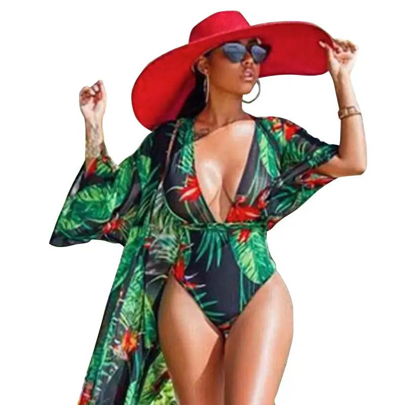 New High Quality Floral Printed Plus Size One Piece Bikini Swimsuit Deep V Neck Ladies Beach Wear Women Swimwear and Cover Up