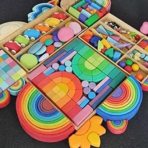 Grapat Waldorf Inspired Wooden Toys Grimms Hand Painted Rainbow Puzzle Building Block Set Montessori Educational Toys For Kids