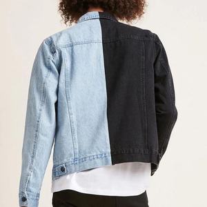 Hot Sale OEM Sevice <b>Mens</b> Half Spliced Blue <b>Black</b> Color Block Patchwork Two-tone Bomber Denim <b>Jeans</b> Jacket for Male - Product Image 2