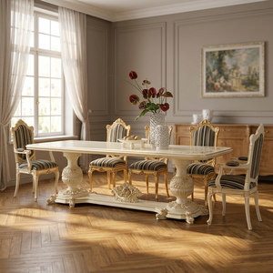 Ensemble de salle à manger en bois massif blanc antique de luxe français avec revêtement en cuir synthétique NFDT6 Meubles de maison Tables à manger - Product Image 2