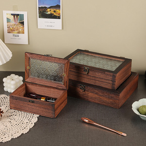 Boîte de rangement multifonctionnelle rétro en bois massif avec couvercle en verre motif fleur de crabapple pour fruits secs à la maison - Product Image 2