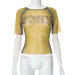 Letter Print <strong>Y2k</strong> <strong>Top</strong> See Through Graphic T Shirts for Women Clothing Short Sleeve Aesthetic Skinny Tees - Product Image 5