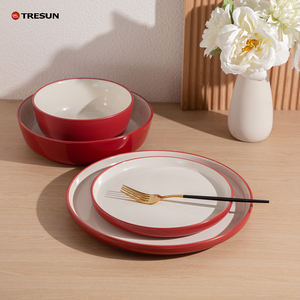 Service de table en grès céramique bicolore, qualité hôtelière et restauration, fabrication chinoise de catégorie C, ensemble de bols et assiettes rouges et blancs. - Product Image 5