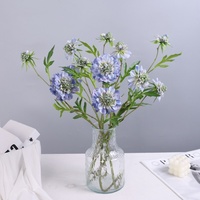 Bunga Scabiosa Sutra 3 Kepala Berkualitas Tinggi Warna Biru untuk Dekorasi Pernikahan dan Pesta di Rumah