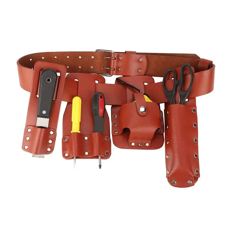 Sabuk peralatan kulit dengan 4 penyangga alat, kantong sabuk alat perancah untuk kunci pas palu