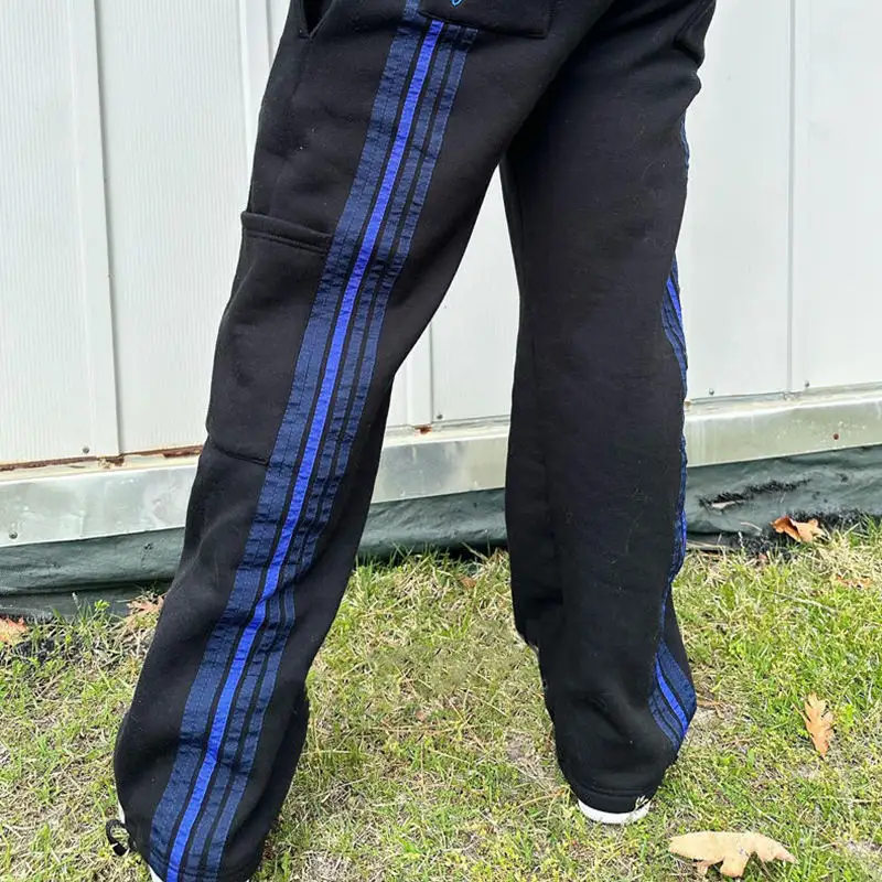 Yüksek kalite özel yığılmış Sweatpants yan şerit boş Jogger Streetwear düz bacak pantolon Baggy erkek pantolon