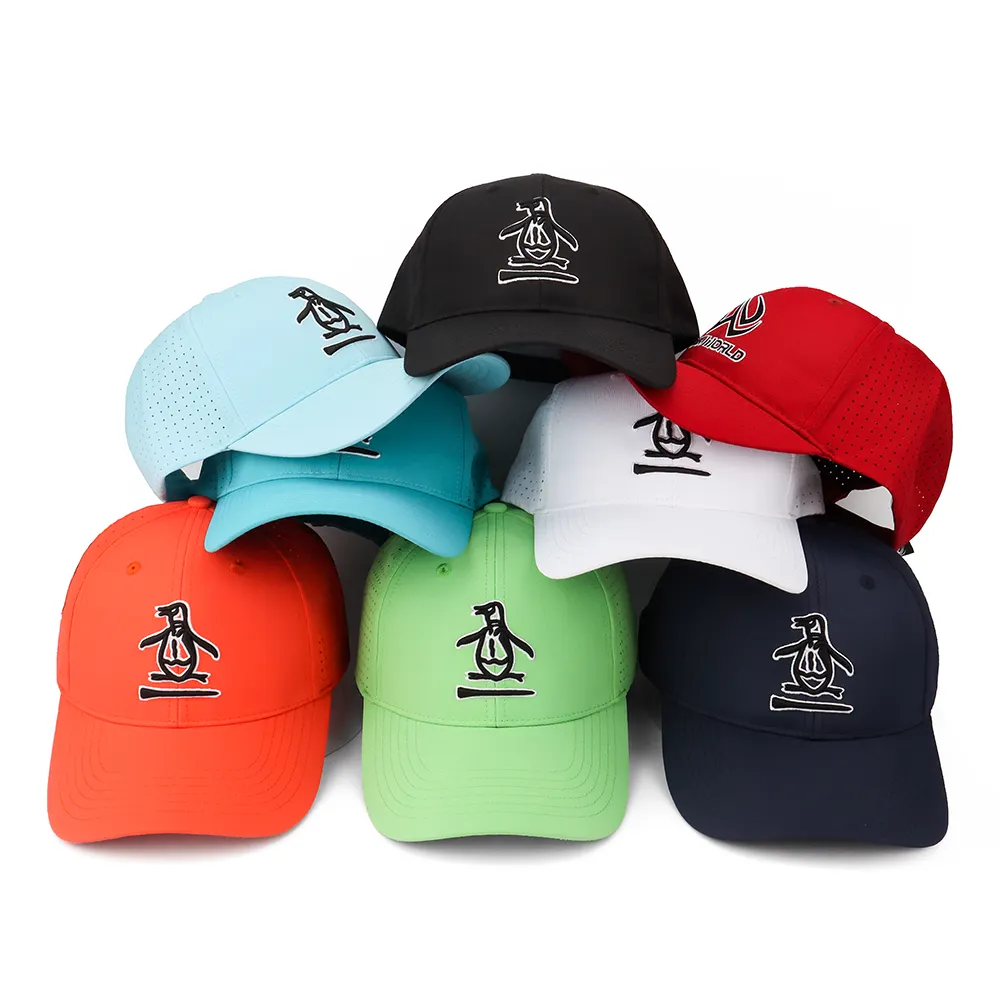 Unisex promotional custom embroidery logo 6 panels Perforated Laser Cutting Hole Drill baseball caps nylon Waterproof golf hat