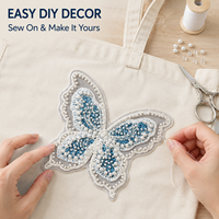 Mini Patch Papillon en Denim Bleu avec Appliques de Perles et Paillettes, Bordure Brodé à Coudre pour Jupes, Vestes, Sacs et Projets DIY