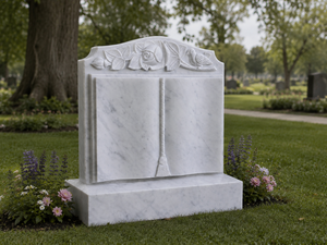 Lápida de Mármol Blanco con Tallado de Rosa y Pájaro, Monumento Funerario Tradicional de Estilo Europeo - Product Image 4