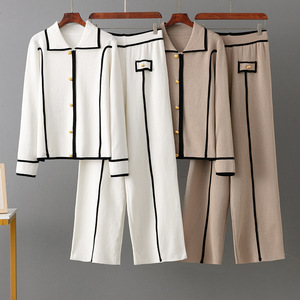 Wholesale Custom Elegant Knitted 2 Piece Cardigan Pants <b>Set</b> Sweater for Women Autumn Office Wear - Product Image 1