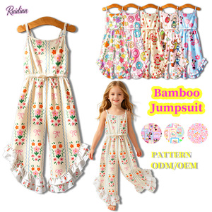 Combinaison pour tout-petits en bambou 230 GSM, sans manches, à bretelles spaghetti, imprimé intégral, à volants, jambes larges, tenue d'été pour filles, combinaison pour filles en bambou - Product Image 1