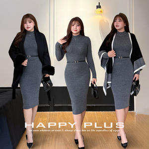 Robe en tricot ajustée à col montant, élégante et sophistiquée, taille plus, couleur unie gris foncé, manches longues, robe pour femmes - Product Image 3