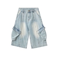 Short trois-quarts en denim uni rétro américain pour hommes Jeans de travail baggy décontractés à jambes larges unisexe lavage moyen pour l'été