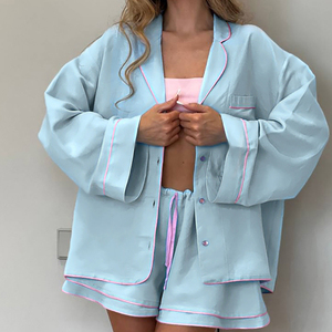 <span class=keywords><strong>Pigiama</strong></span> autunnale casual da <span class=keywords><strong>donna</strong></span> in <span class=keywords><strong>cotone</strong></span>, composto da cardigan <span class=keywords><strong>a</strong></span> maniche lunghe e pantaloncini con coulisse in vita, traspirante, set da 2 pezzi, personalizzabile. - Product Image 1