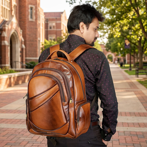 B.S INTERNATIONAL Vintage Casual Genuine Leather Unisex Laptop Backpack <b>Waterproof</b> Eco-Friendly Geometric Pattern External Frame - Product Image 5